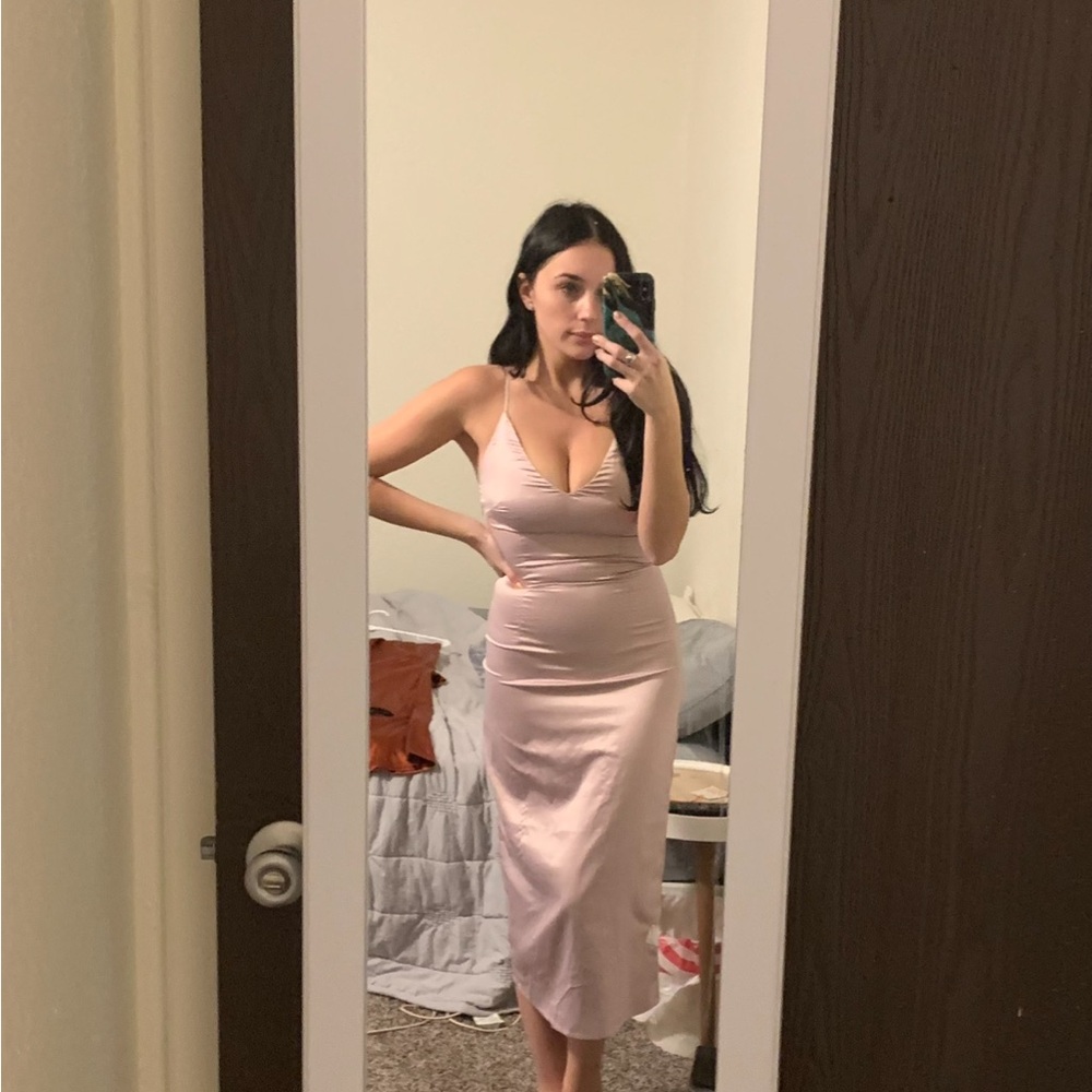 Satin Slip Midi Dress in Blush Pink
